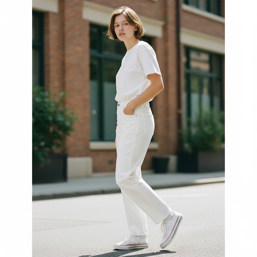 White Straight Leg Denim‎ Pants Five Pocket Classic Summer Trousers 30 Inseam